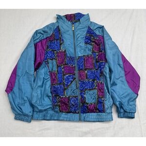 Basic Editions 80s windbreaker Zip Up Jacket Purple and Blue Abstract Size S